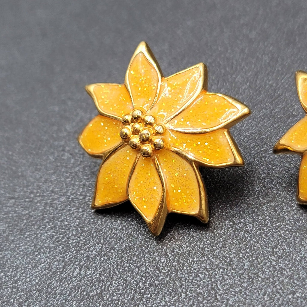 Vintage Pierced Earrings Yellow Enamel Poinsettia Flower Drop 1"
