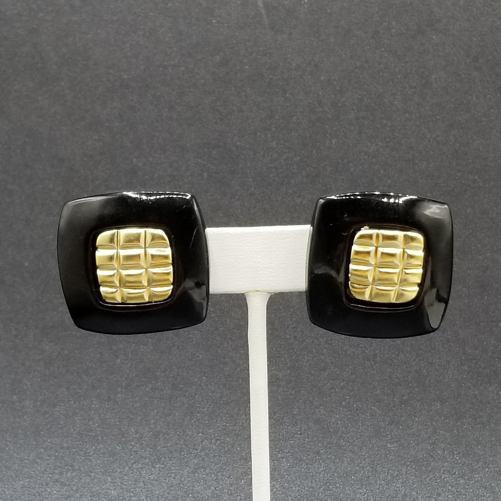 Vintage 1980's Pierced Earrings Black and Gold Acrylic Rectangle Stud 1 1/4"