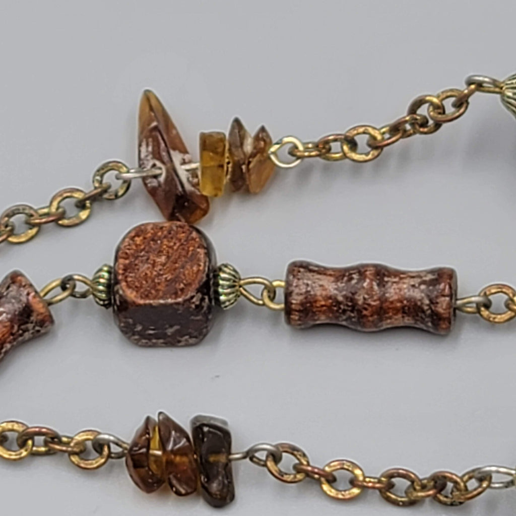 Vintage Wood Bead Necklace Amber Chip Extra Long 72"