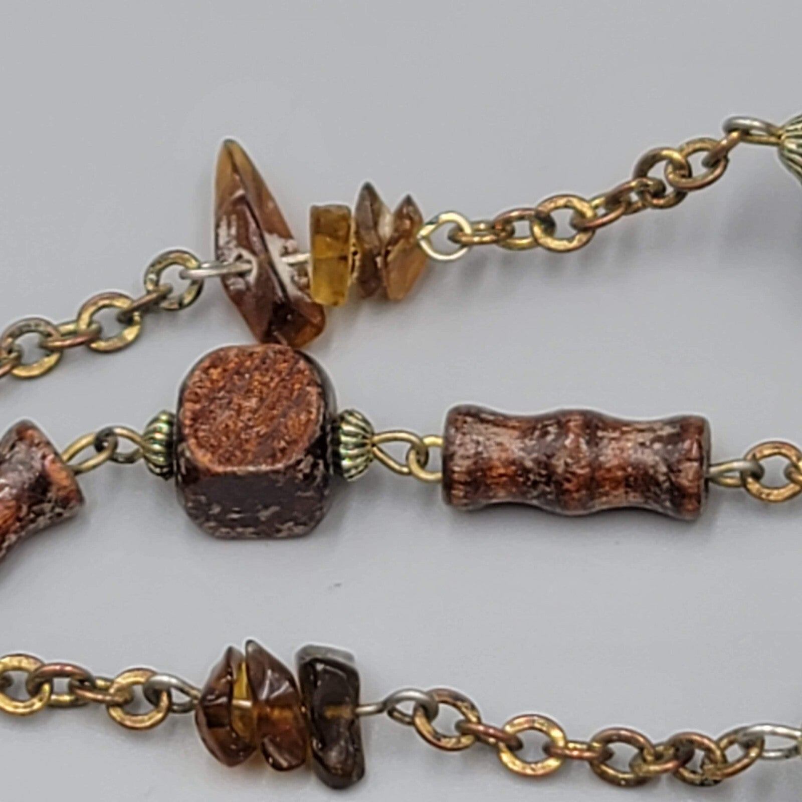 Vintage Wood Bead Necklace Amber Chip Extra Long 72"
