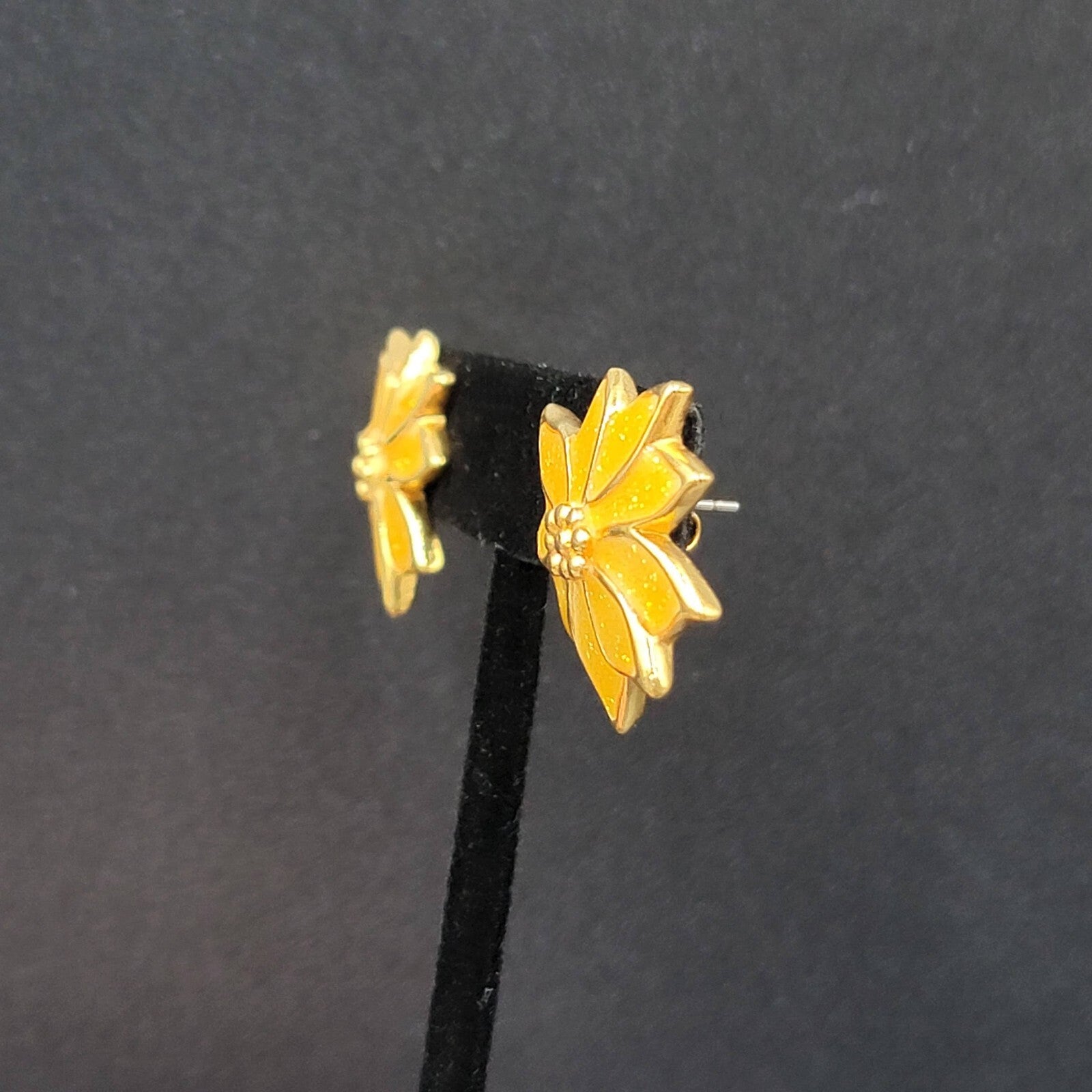 Vintage Pierced Earrings Yellow Enamel Poinsettia Flower Drop 1"