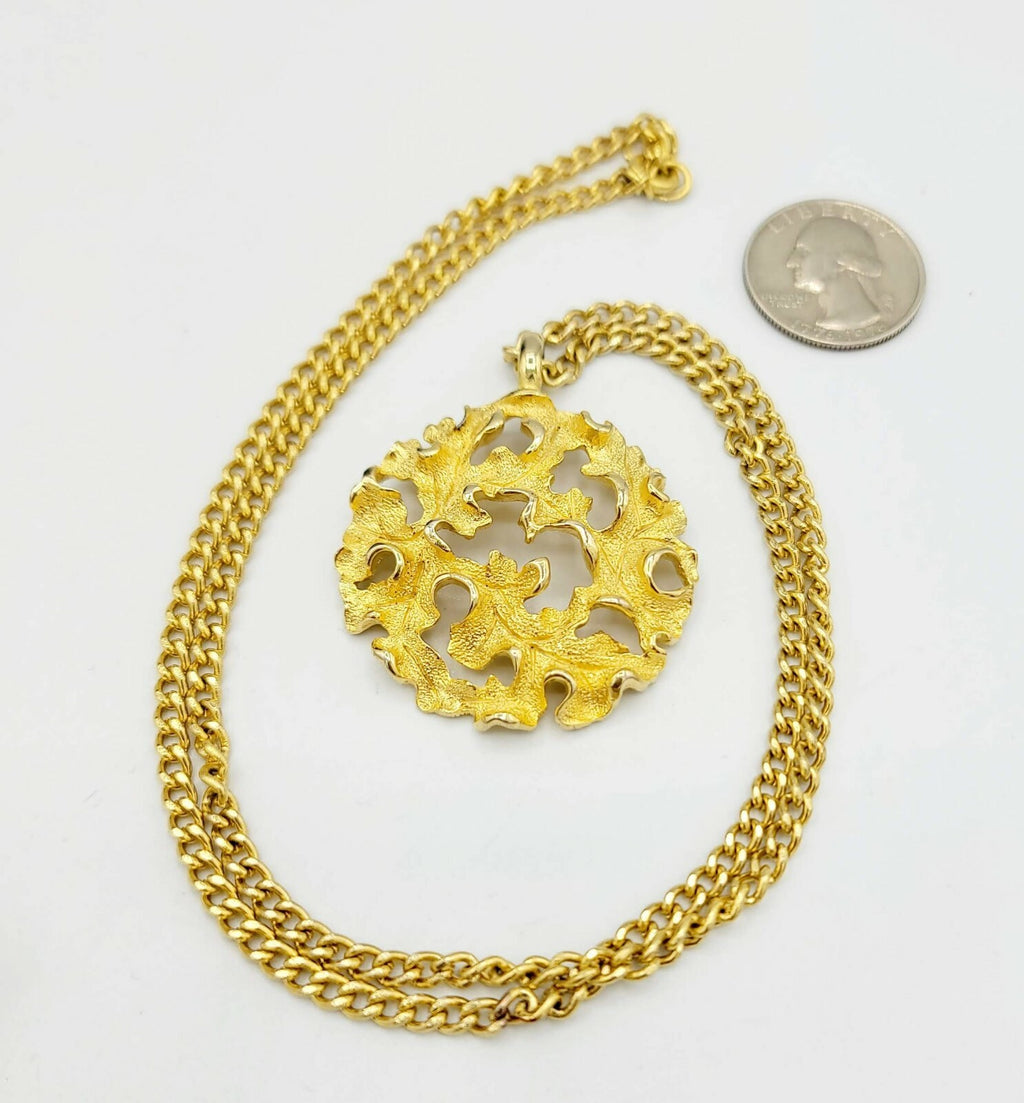 Vintage Necklace Gold tone Modernist Pendant 1 5/8" Statement Jewelry 24"