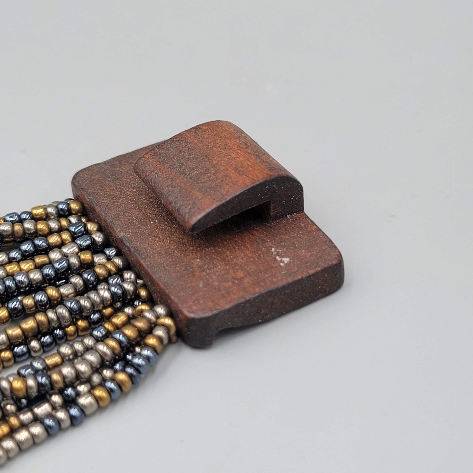 Wood Closure Wide Bracelet Multistrand Seed Bead 7"