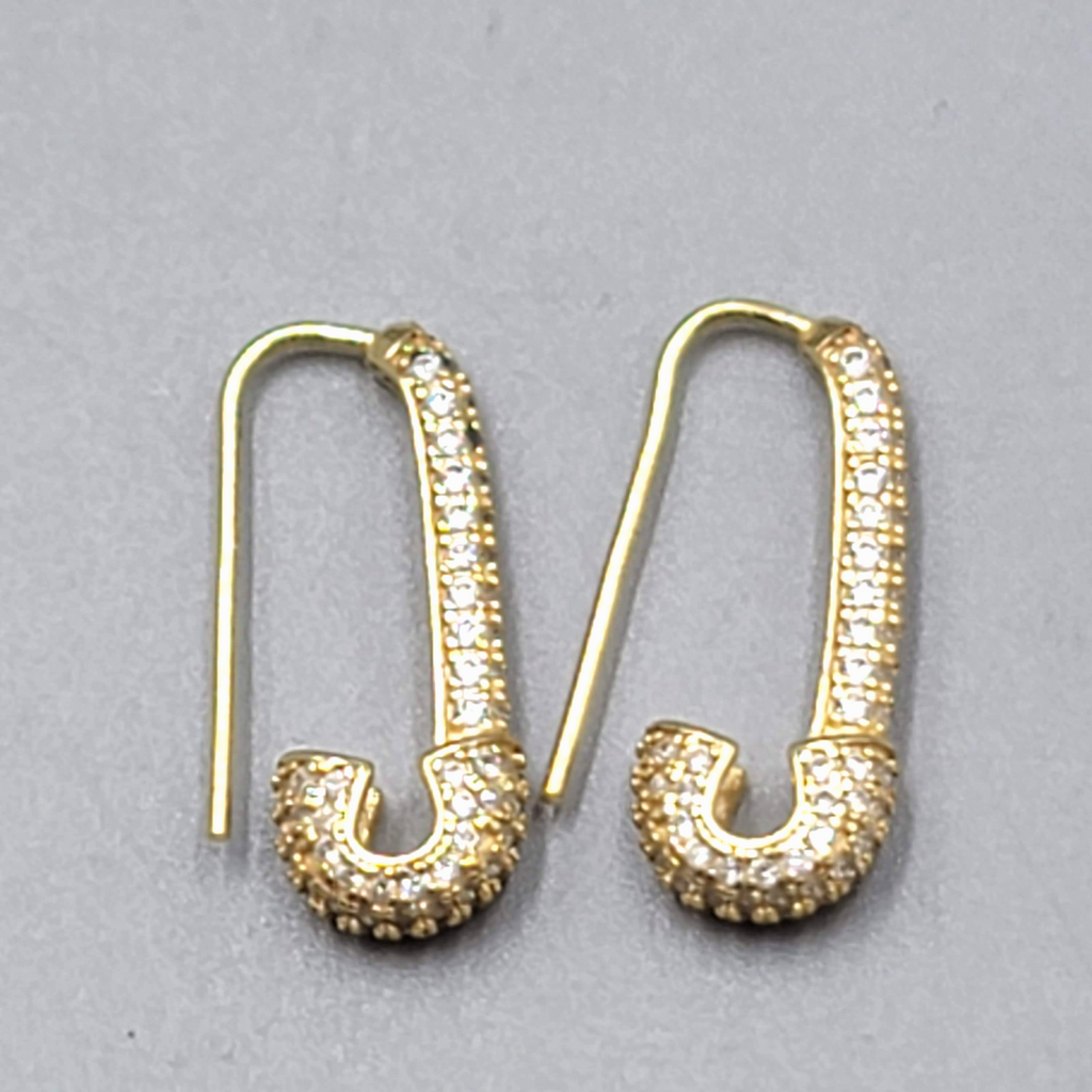Crystal Studded Safety Pin Sterling Silver Gold Vermeil Pierced Earrings 7/8"