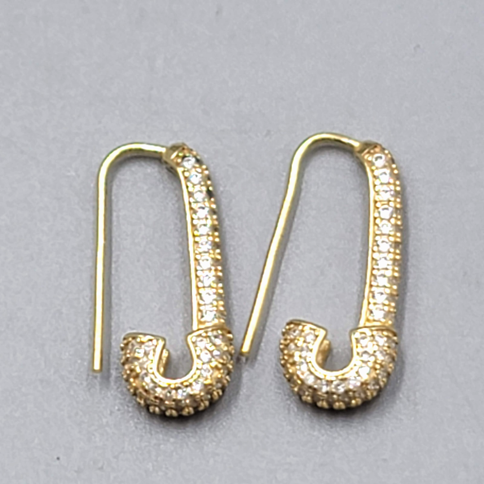 Crystal Studded Safety Pin Sterling Silver Gold Vermeil Pierced Earrings 7/8"