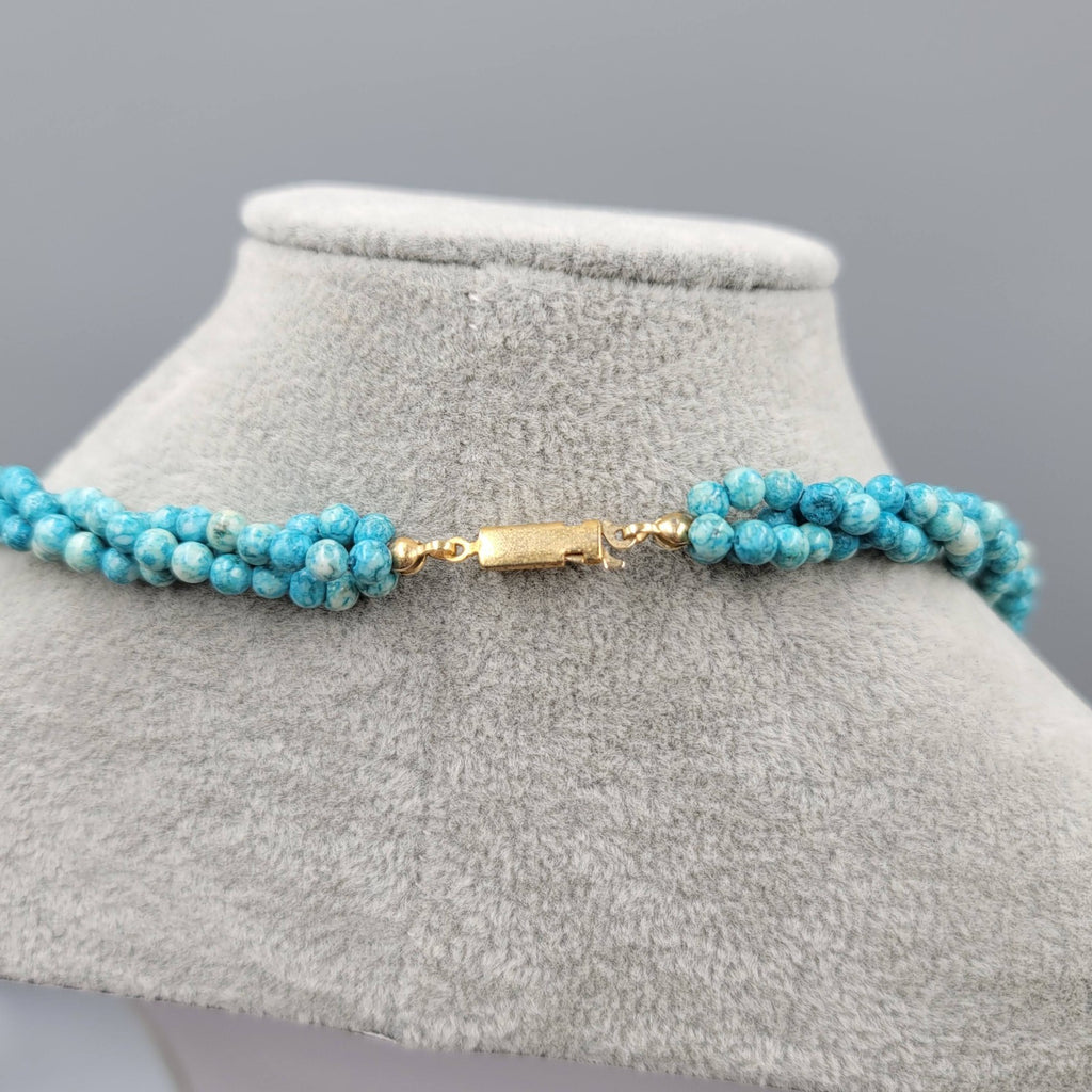 Vintage Blue Stone Twist Bead Necklace Gold tone 20"