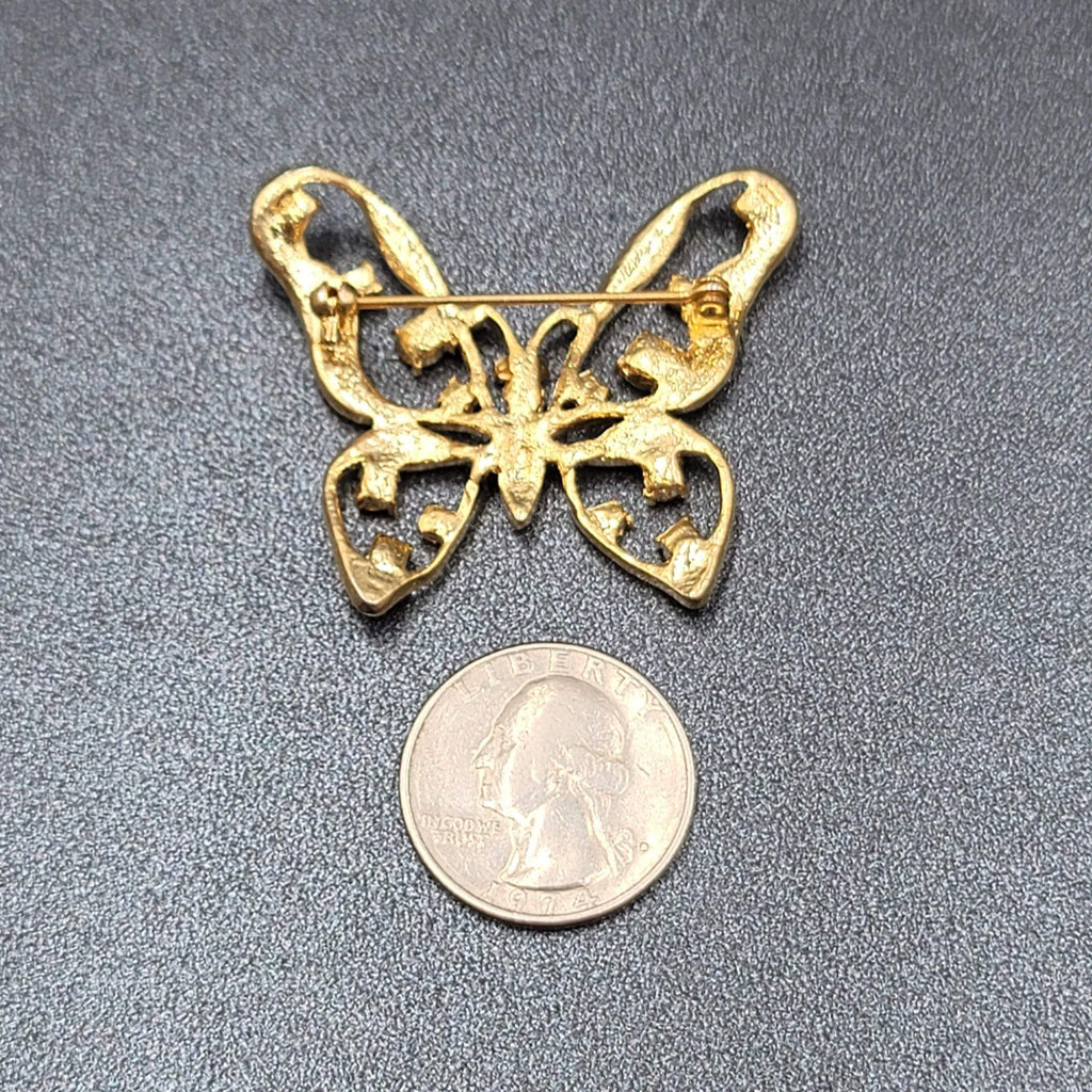 Vintage Butterfly Brooch Gold Plated Black Rhinestone 1.5"