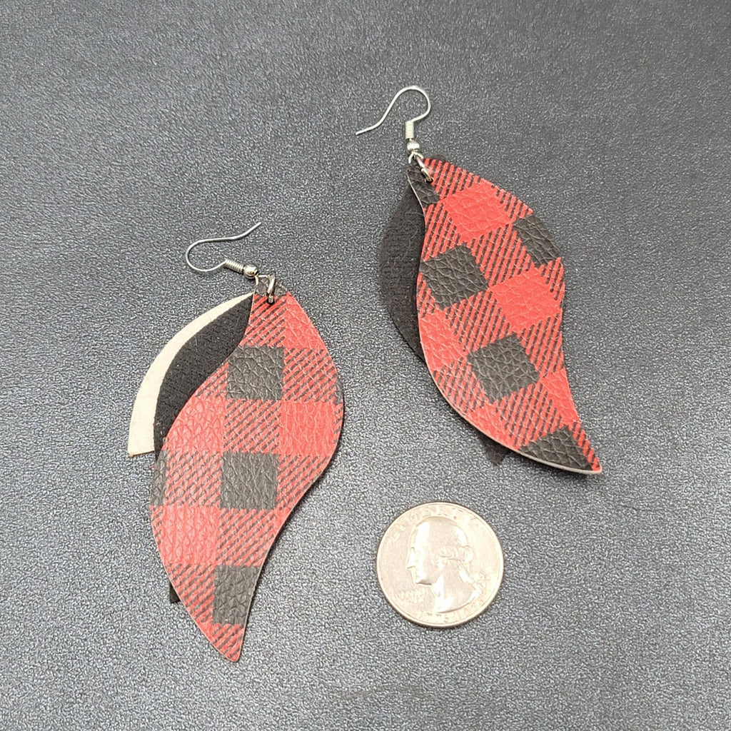 Pierced Earrings Faux Leather Leopard Print Red Plaid Silver tone Dangle 3"