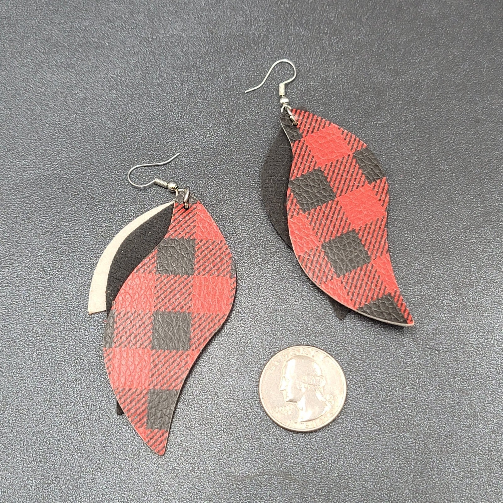 Pierced Earrings Faux Leather Leopard Print Red Plaid Silver tone Dangle 3"