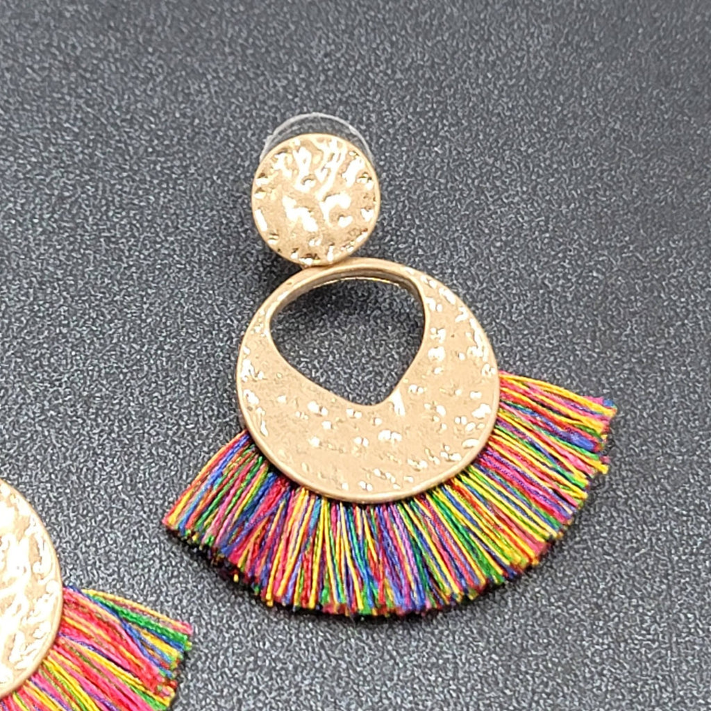 Pierced Earrings Gold tone Multicolor Tassel Boho 1.75"