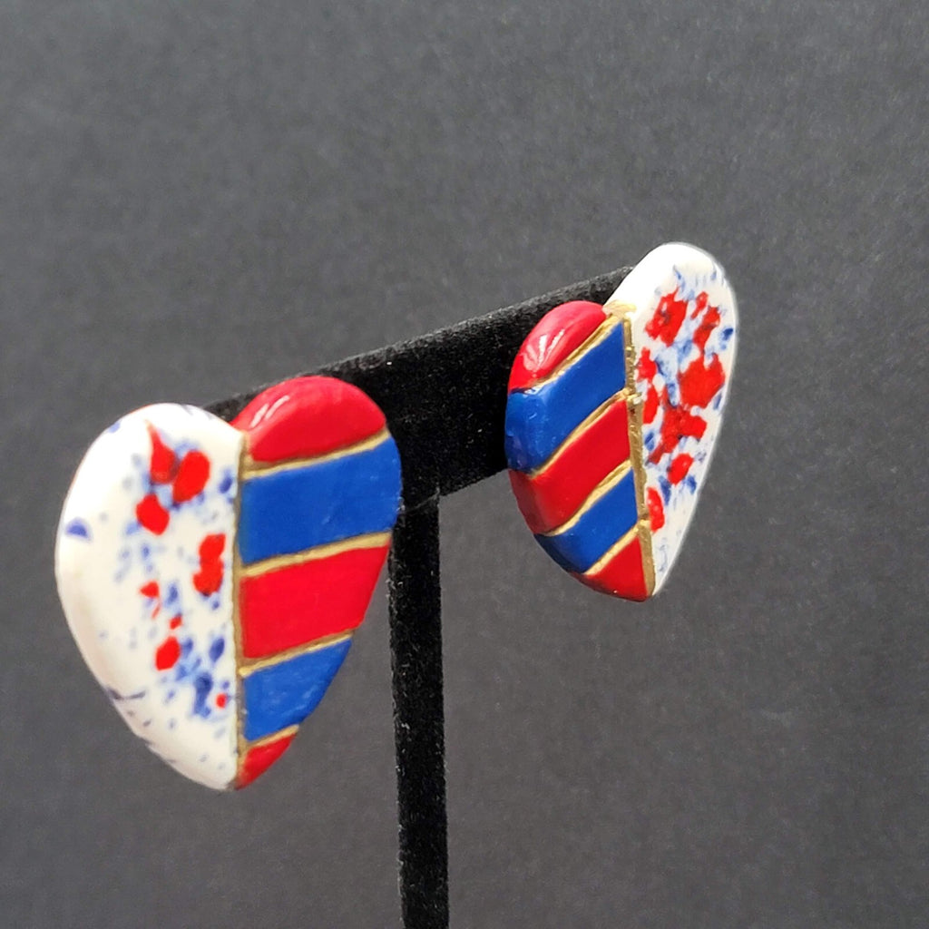 Vtg Heart Pierced Earrings Ceramic Hand Painted Patriotic Red White Blue 1.25"