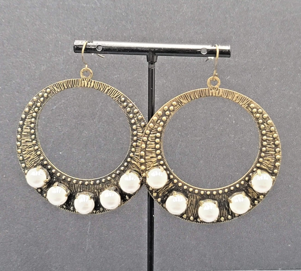 Pierced Earrings Bronze tone Large Hoops Faux Pearl Accents Statement Drop 2.25"