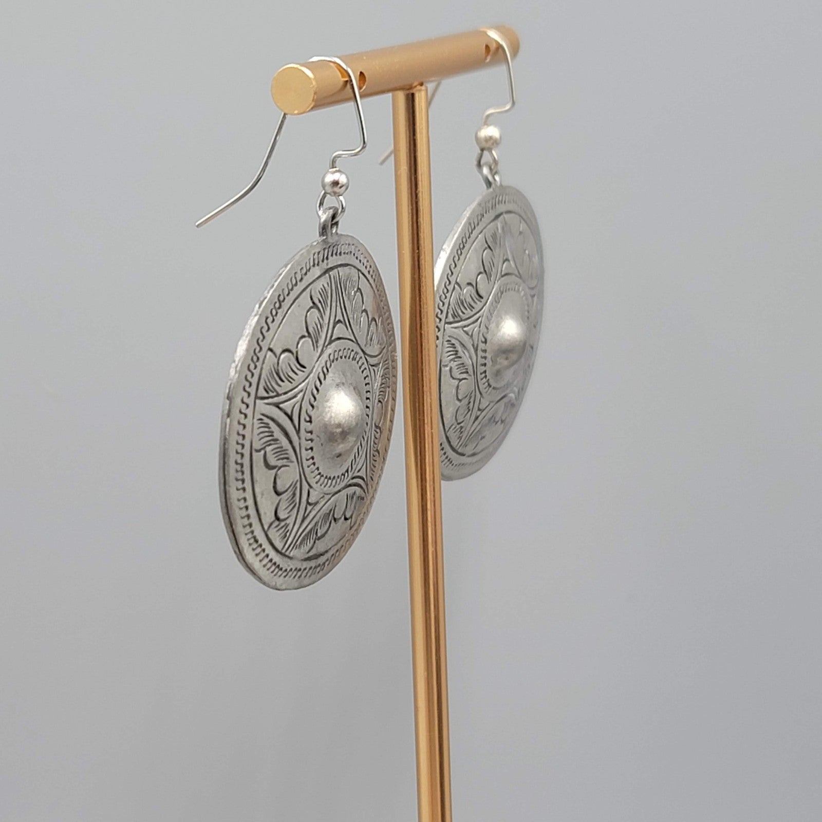 Mexico Engraved Silver tone Dangle Pierced Earrings Round 1.5"