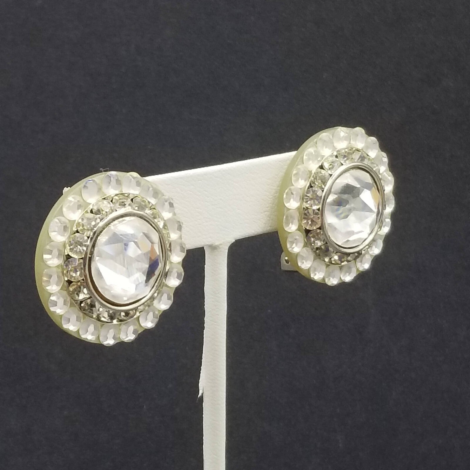 Vintage Clip on Earrings Silver tone Faceted Crystal Button Style Stud 1 1/8"