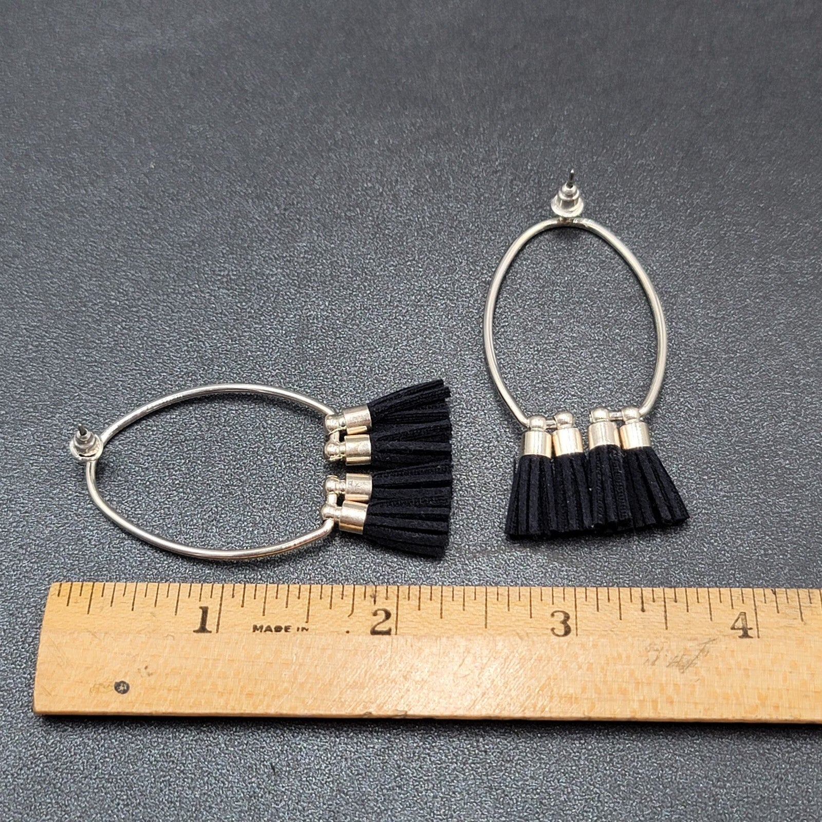 Pierced Earrings Silver tone Open Hoop Black Tassel Drop 2 1/8"