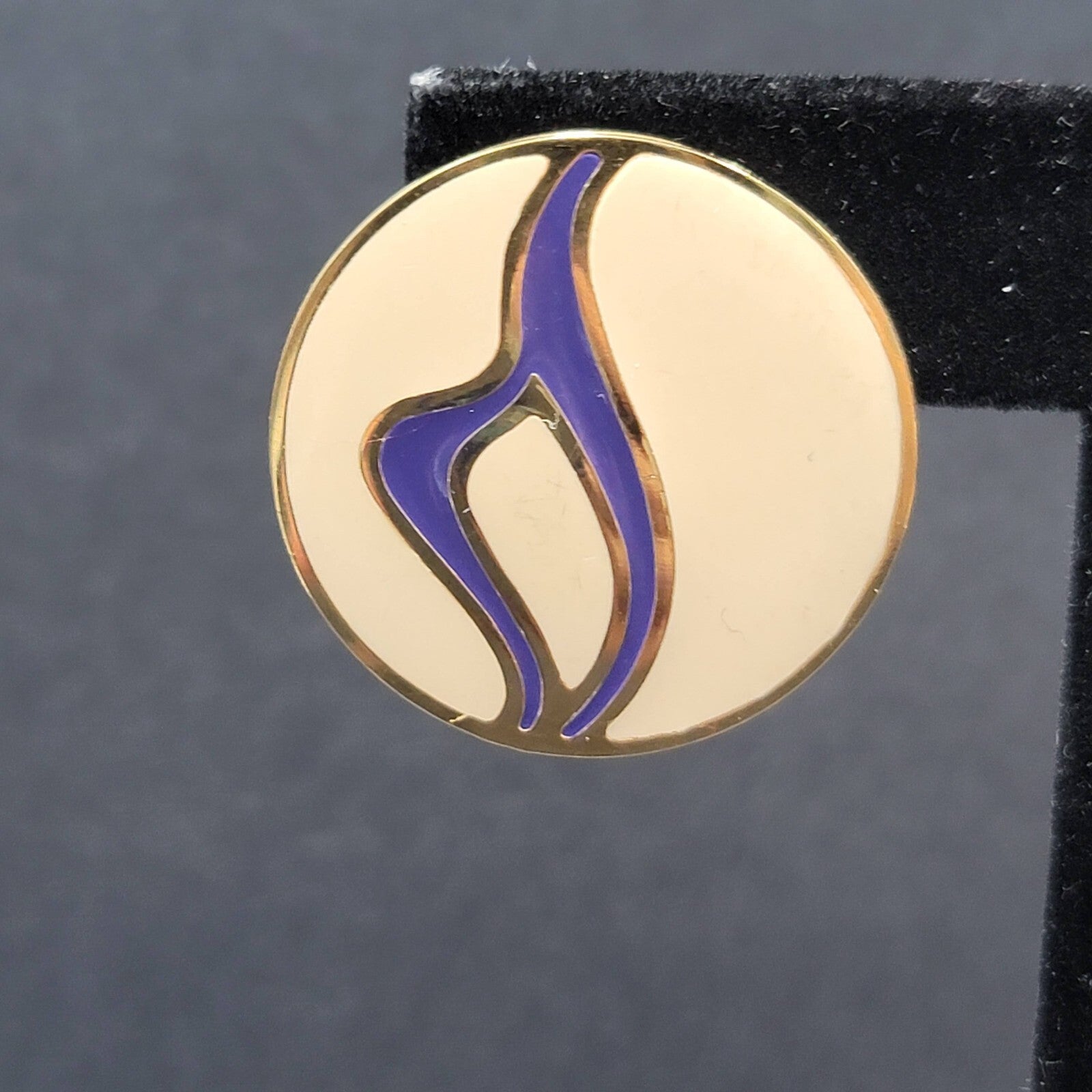 Vintage Pierced Earrings Gold tone Purple Tan Enamel Round Drop 1 1/8"