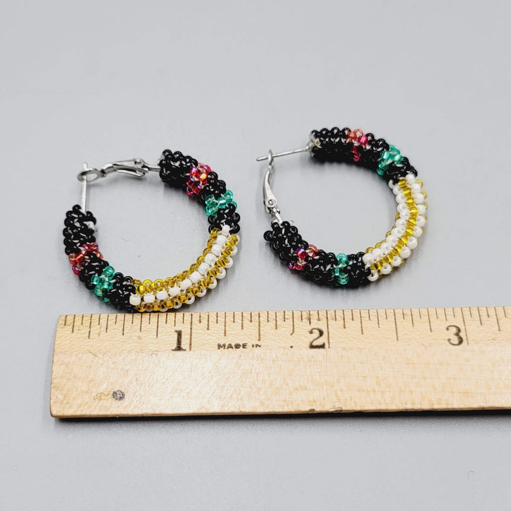 Multicolor Seed Bead Wrapped Hoops Pierced Earrings Silver tone 1.25"