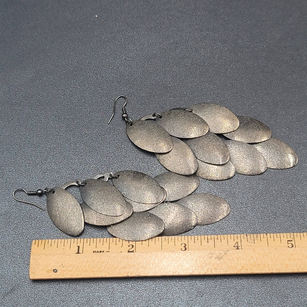 Pierced Earrings Gunmetal Gray Textured Layered Chandelier Dangle 4"