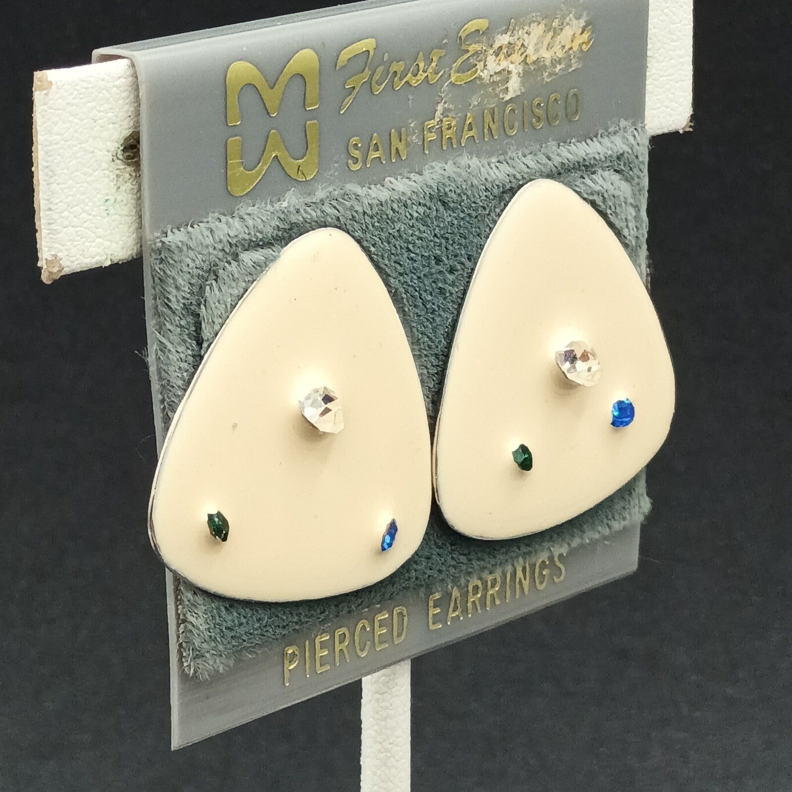Vintage Pierced Earrings White Enamel Blue Clear Crystal Accent Triangle  1"