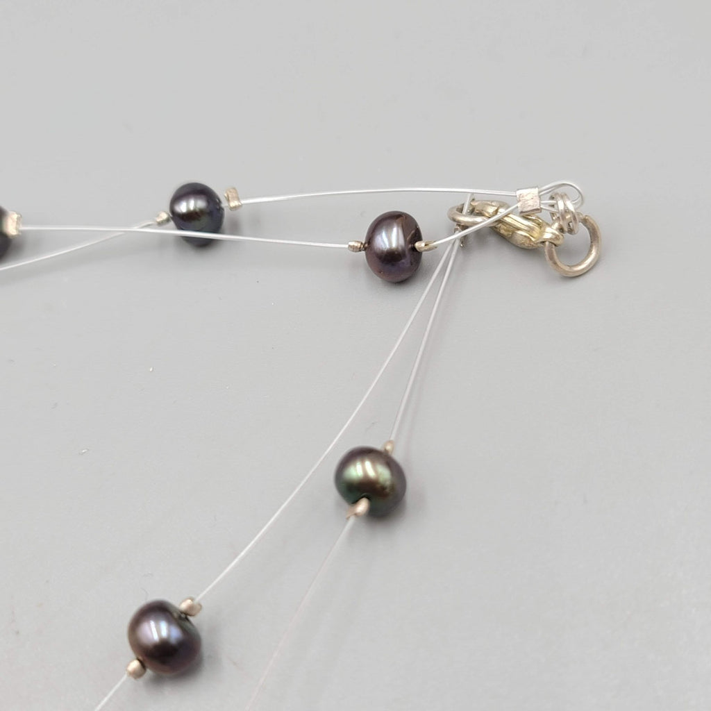 Peacock Freshwater Pearl Crystal Necklace Two Strand Illusion Silver Clasp 5"