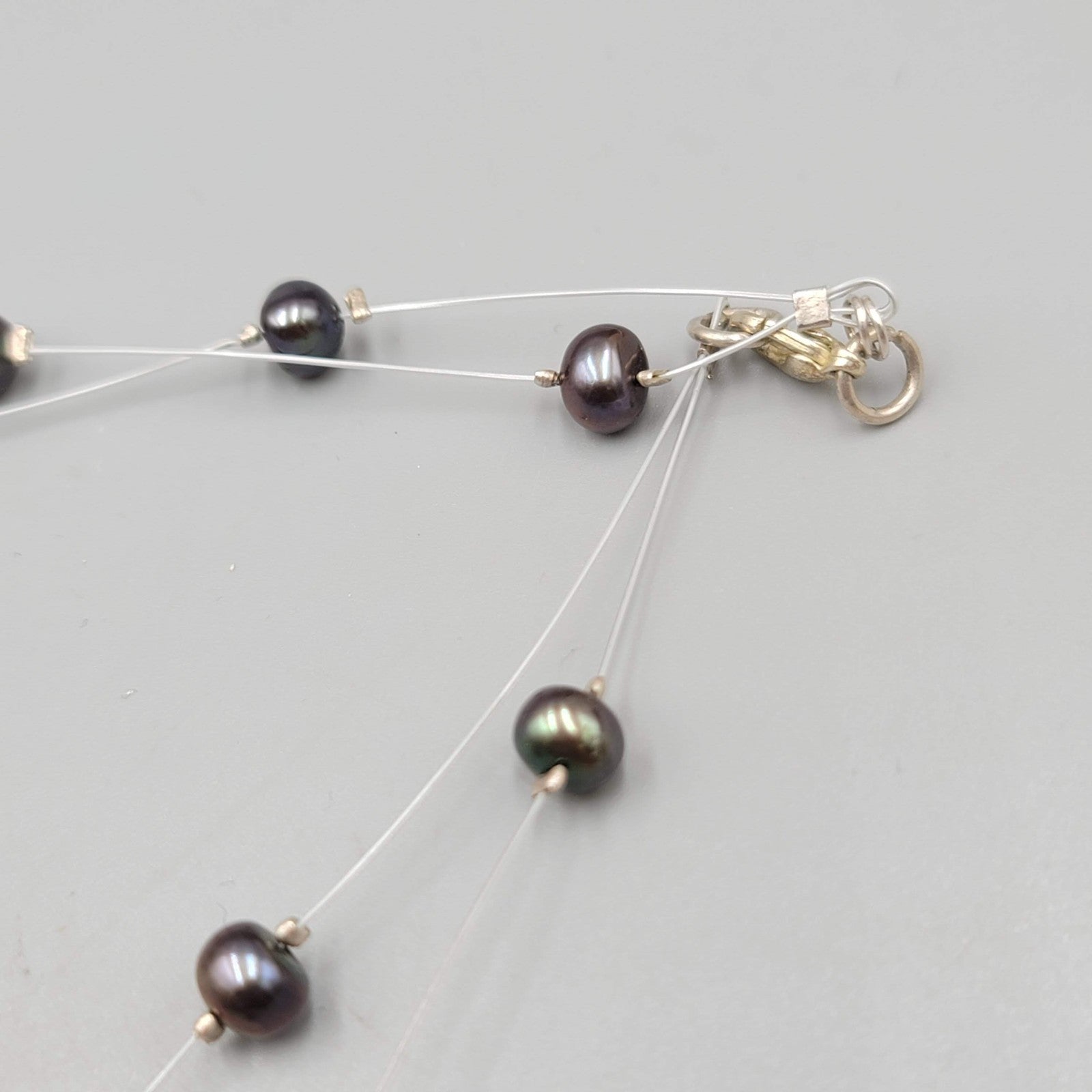 Peacock Freshwater Pearl Crystal Necklace Two Strand Illusion Silver Clasp 5"