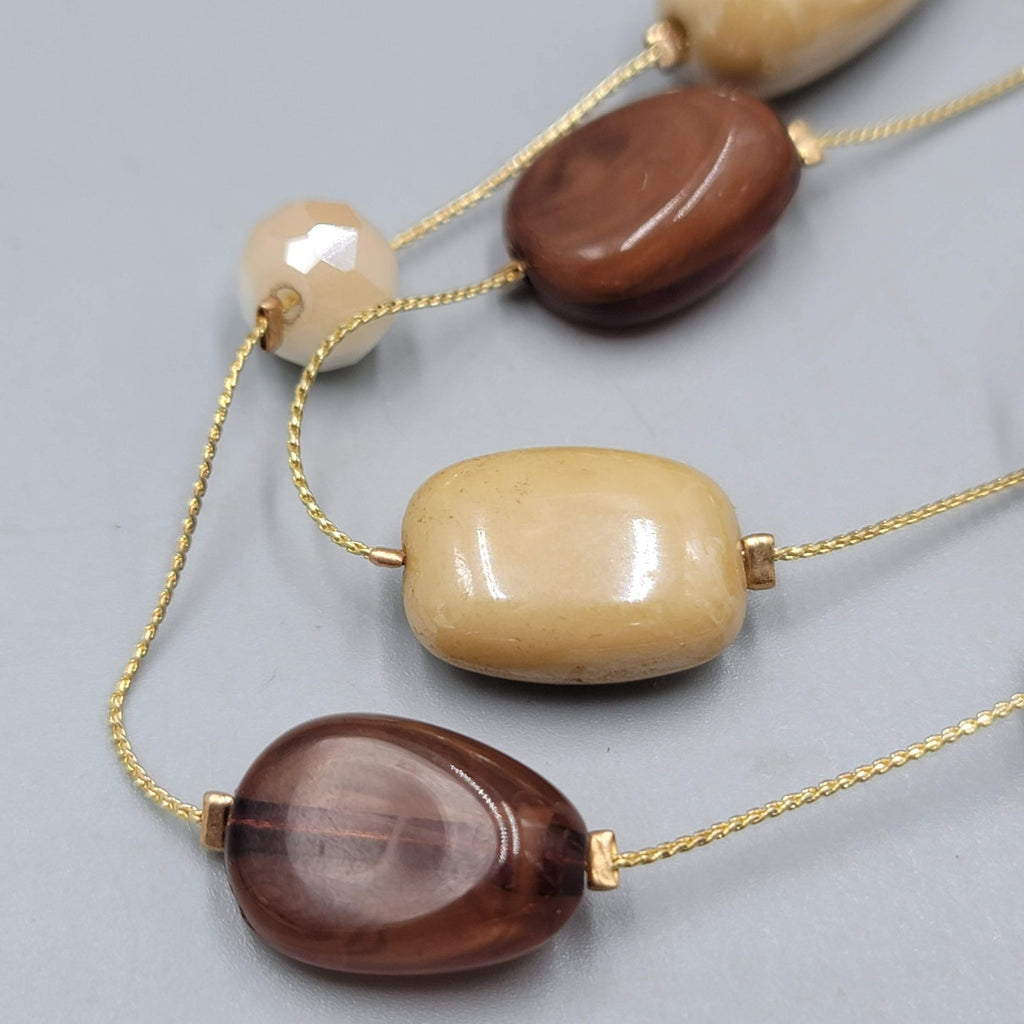 Brown Bead Station Necklace Gold tone Triple Layer 16"-18"