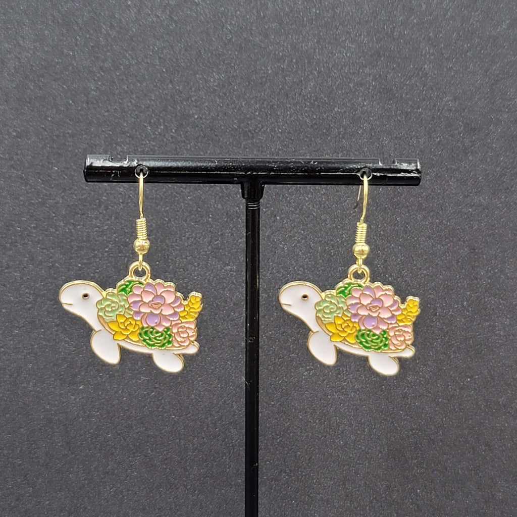 Turtle Pierced Earrings Gold tone Enamel Flowers Dangle 3/4"