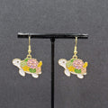 Turtle Pierced Earrings Gold tone Enamel Flowers Dangle 3/4"
