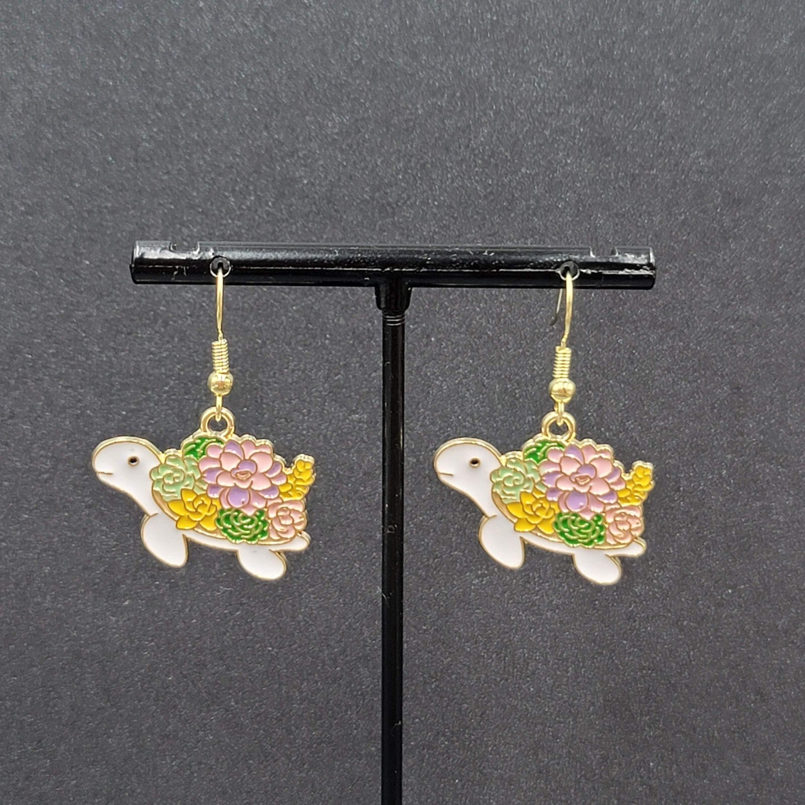Turtle Pierced Earrings Gold tone Enamel Flowers Dangle 3/4"