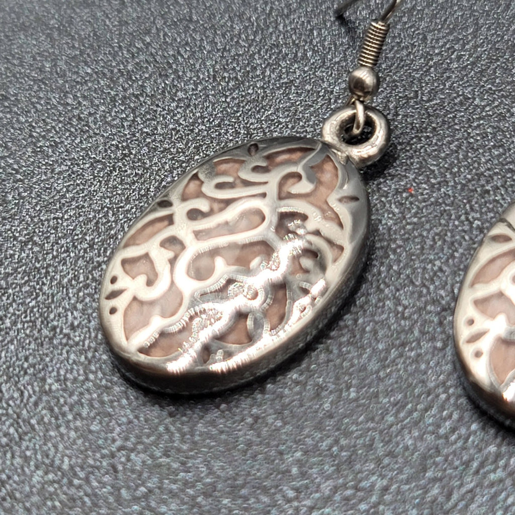 Pierced Earrings Silver tone Stainless Steel Oval Peach Enamel Dangle 1 1/8"
