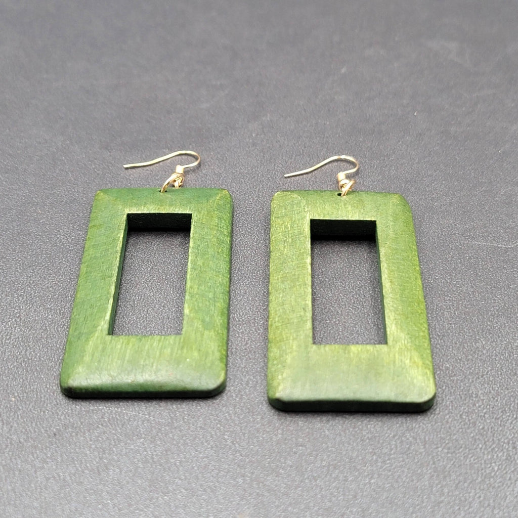 Pierced Earrings Large Green Wood Rectangle Statement Dangle 2.75"