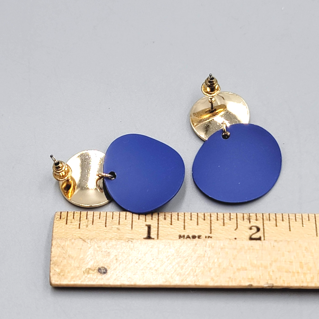 Pierced Earrings Gold toen Dangle Matte Blue Enamel 1.25"