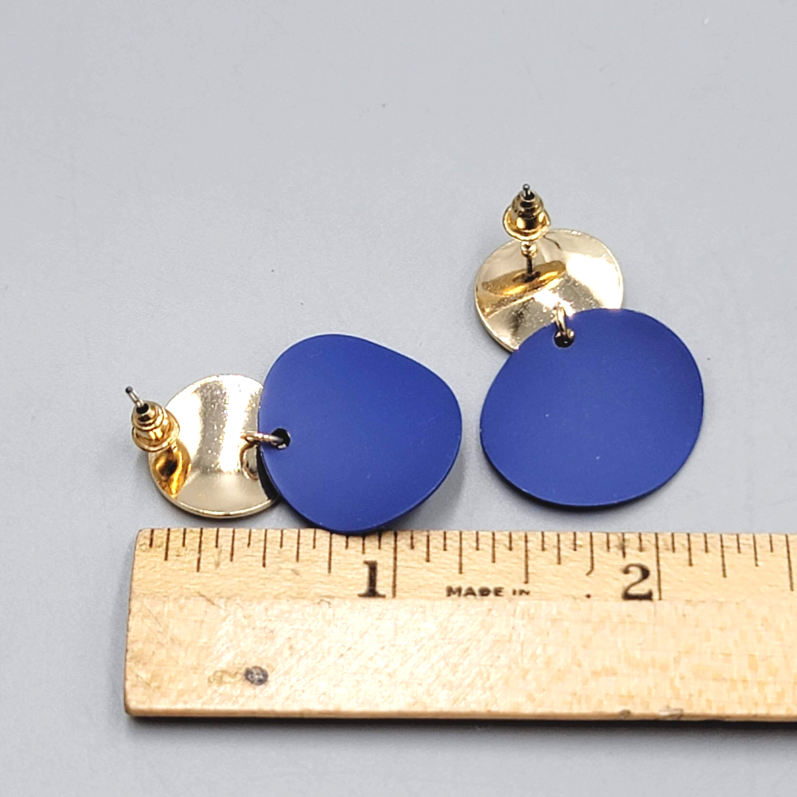 Pierced Earrings Gold toen Dangle Matte Blue Enamel 1.25"