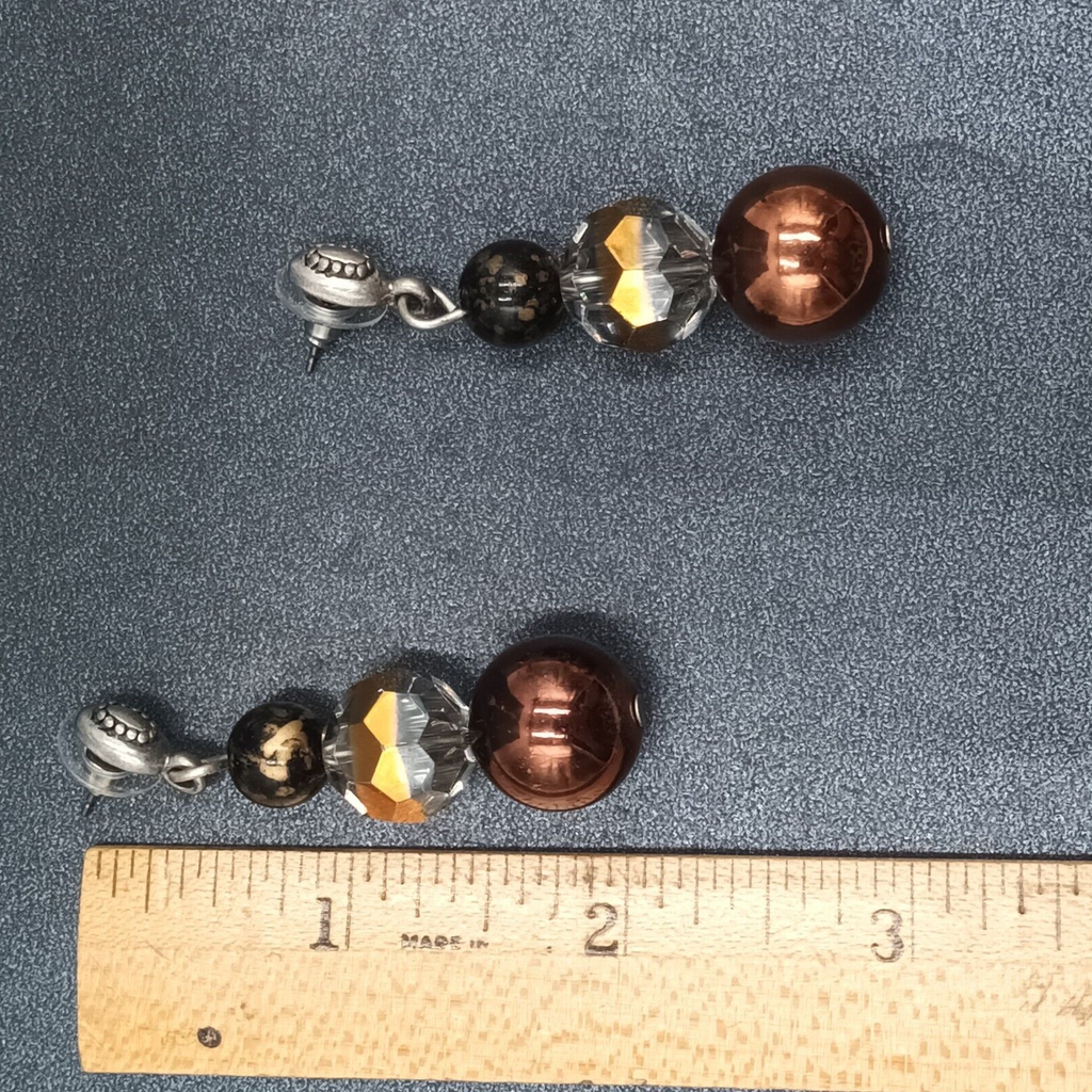 Pierced Earrings Silver tone Acrylic and Glass Bead Dangle 2.25"