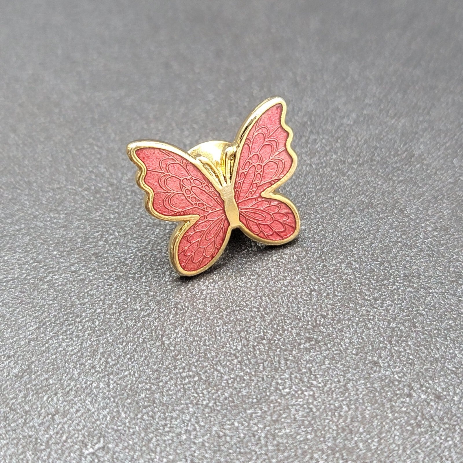 Vintage Enamel Guilloche Pink Butterfly Lapel Pin Gold tone Lapel Hat Pin 3/4"
