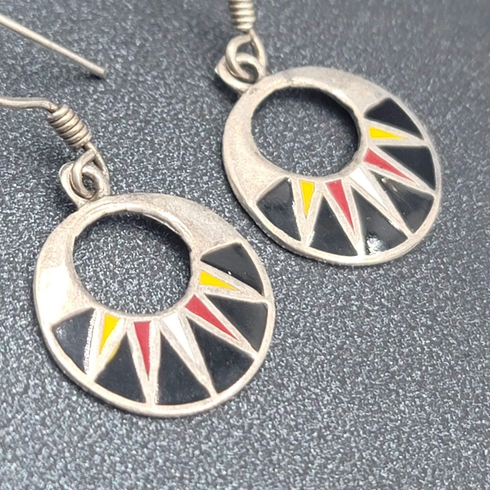 Mexico Sterling Silver Pierced Earrings Enamel Red Black Yellow 925. 5/8"