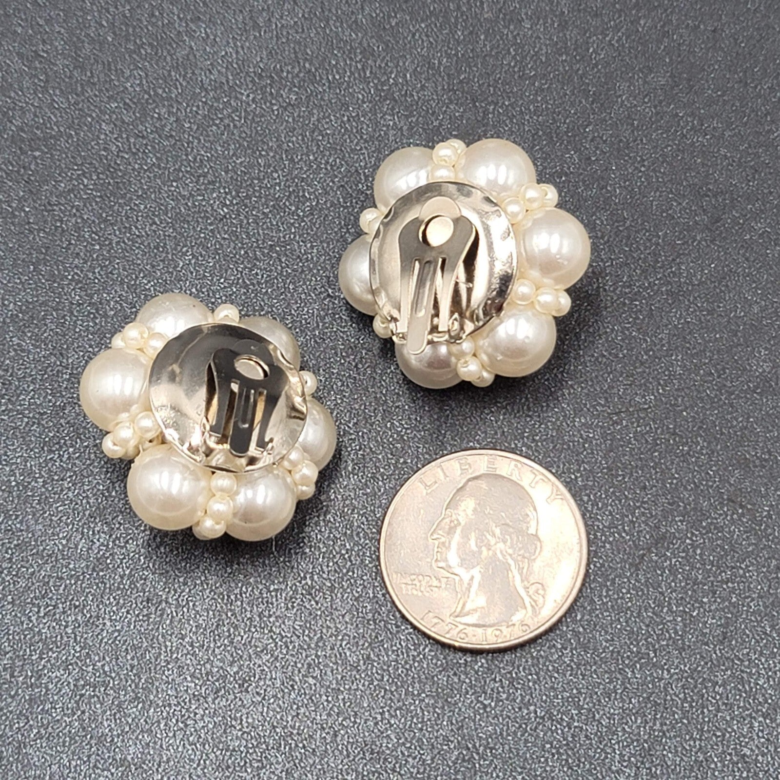 Vintage Clip on Earrings Gold tone Faux Pearl Cluster Flower 1 1/8" Lightweight