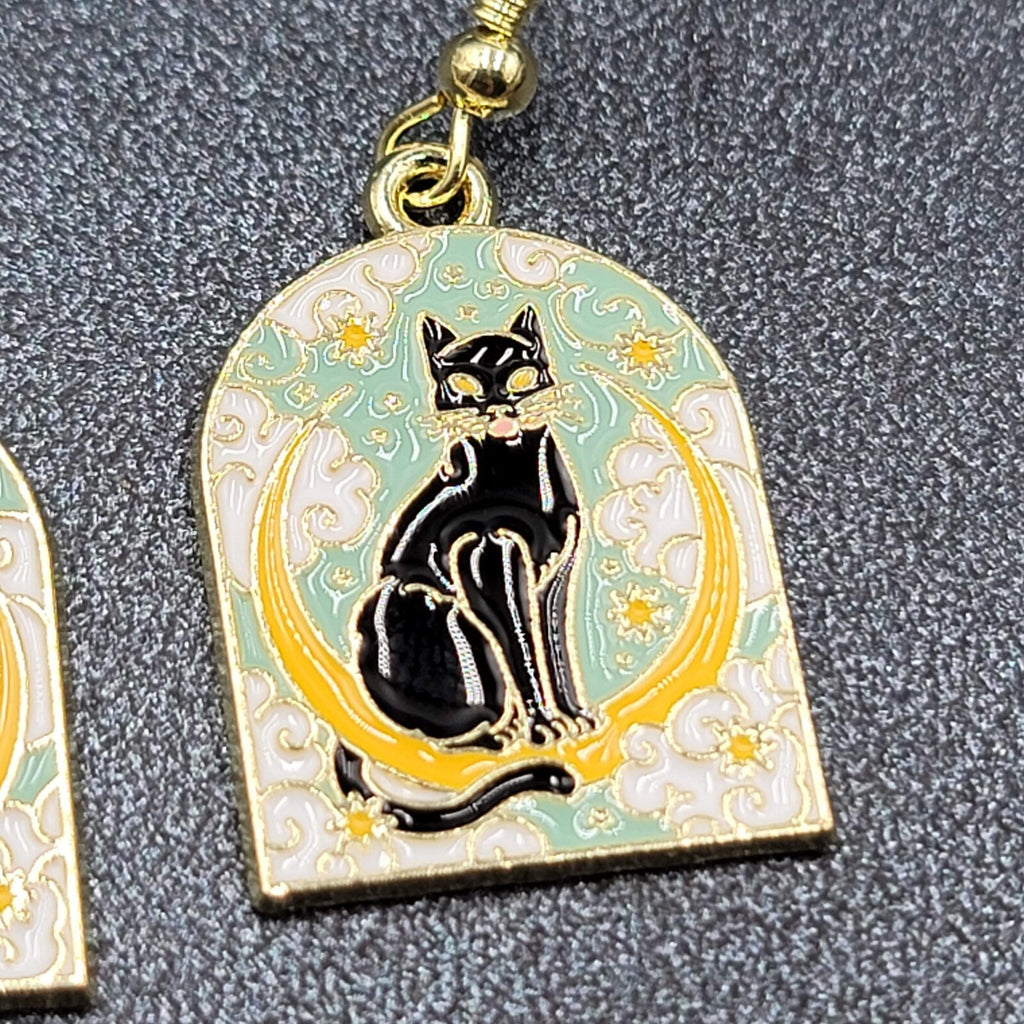Pierced Earrings Gold tone Enamel Black Cat Crescent Moon Dangle 1"