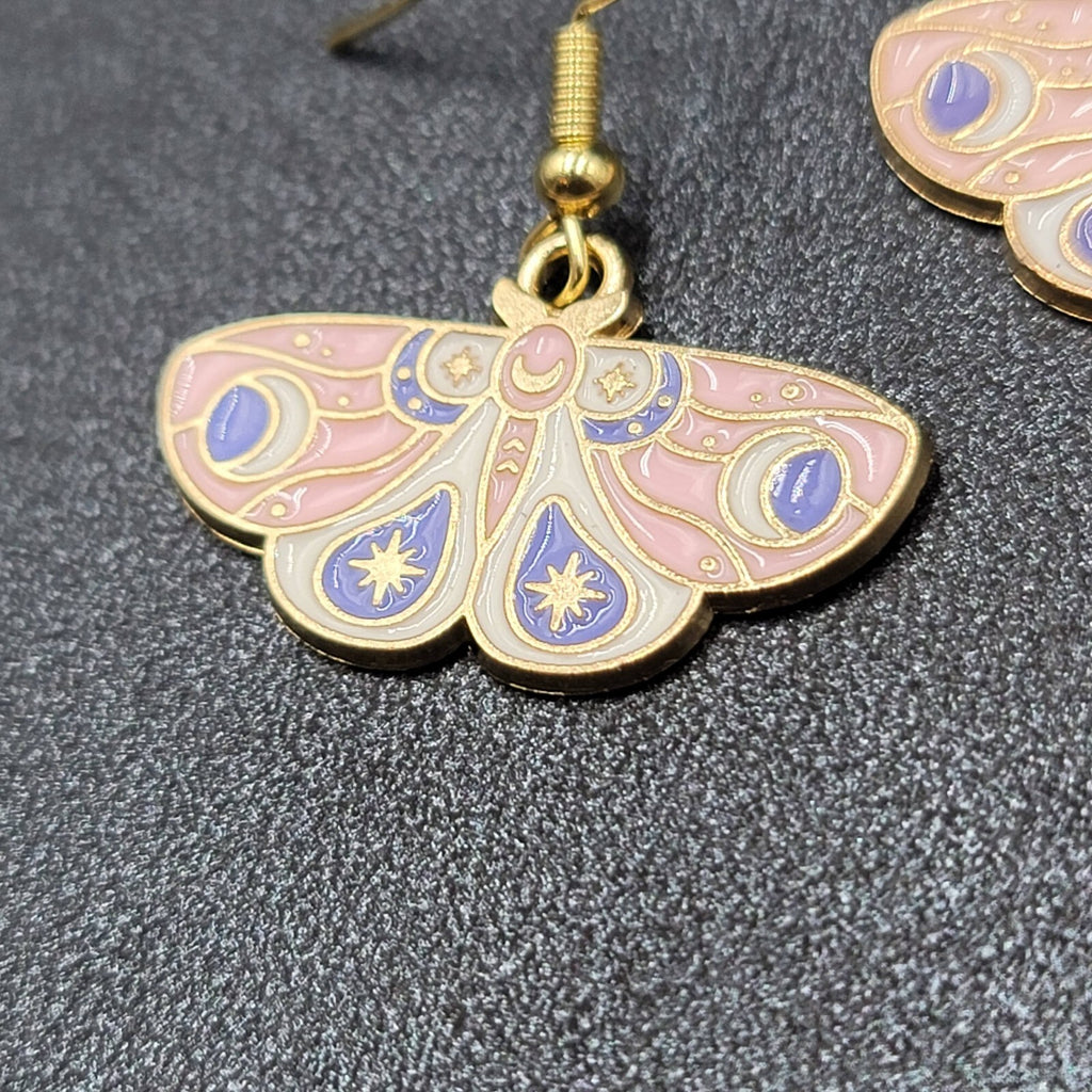 Moth Pierced Earrings Gold tone Pink Purple White Enamel Dangle 5/8"