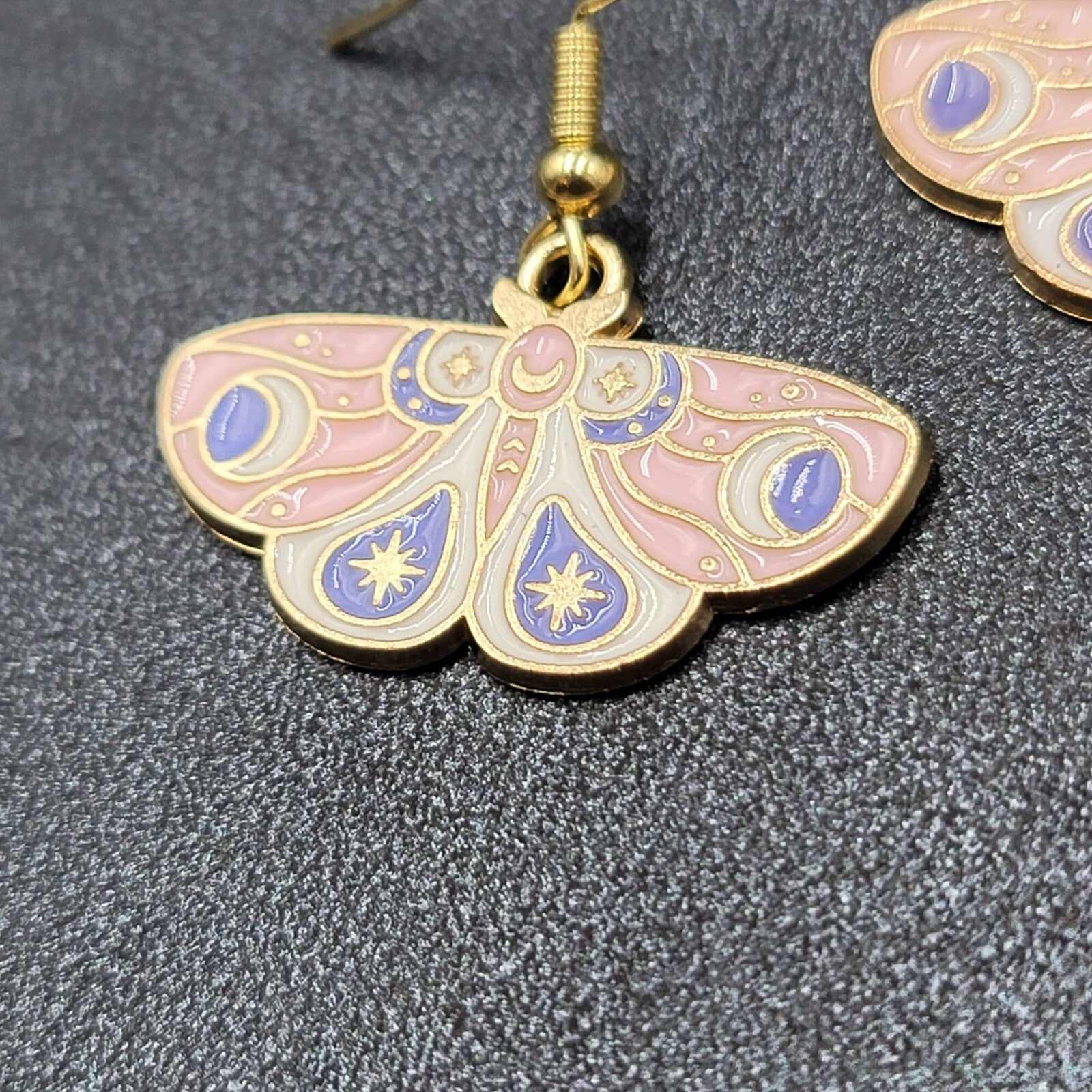 Moth Pierced Earrings Gold tone Pink Purple White Enamel Dangle 5/8"