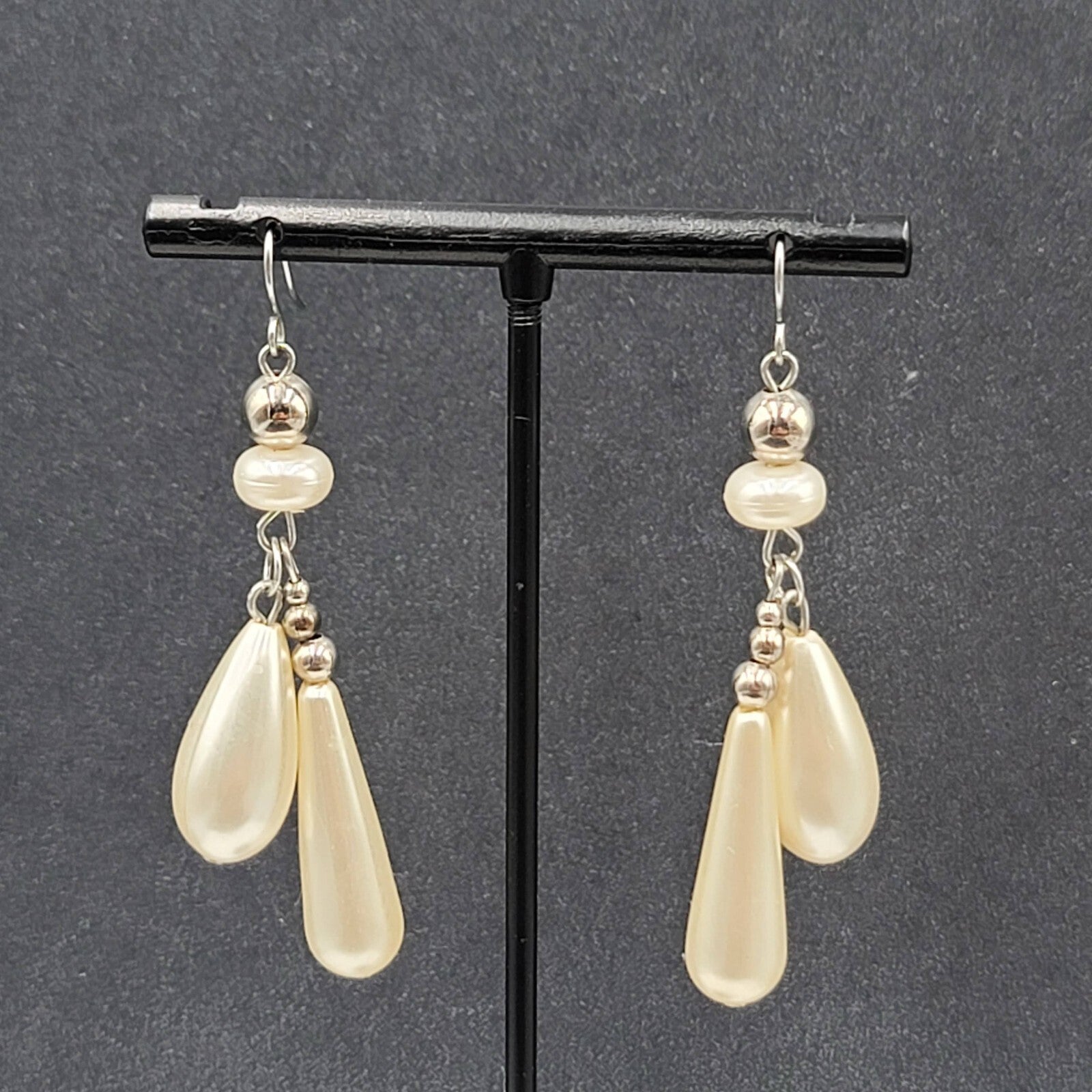 Pierced Earrings Silver tone White Teardrop Bead Dangle 2"