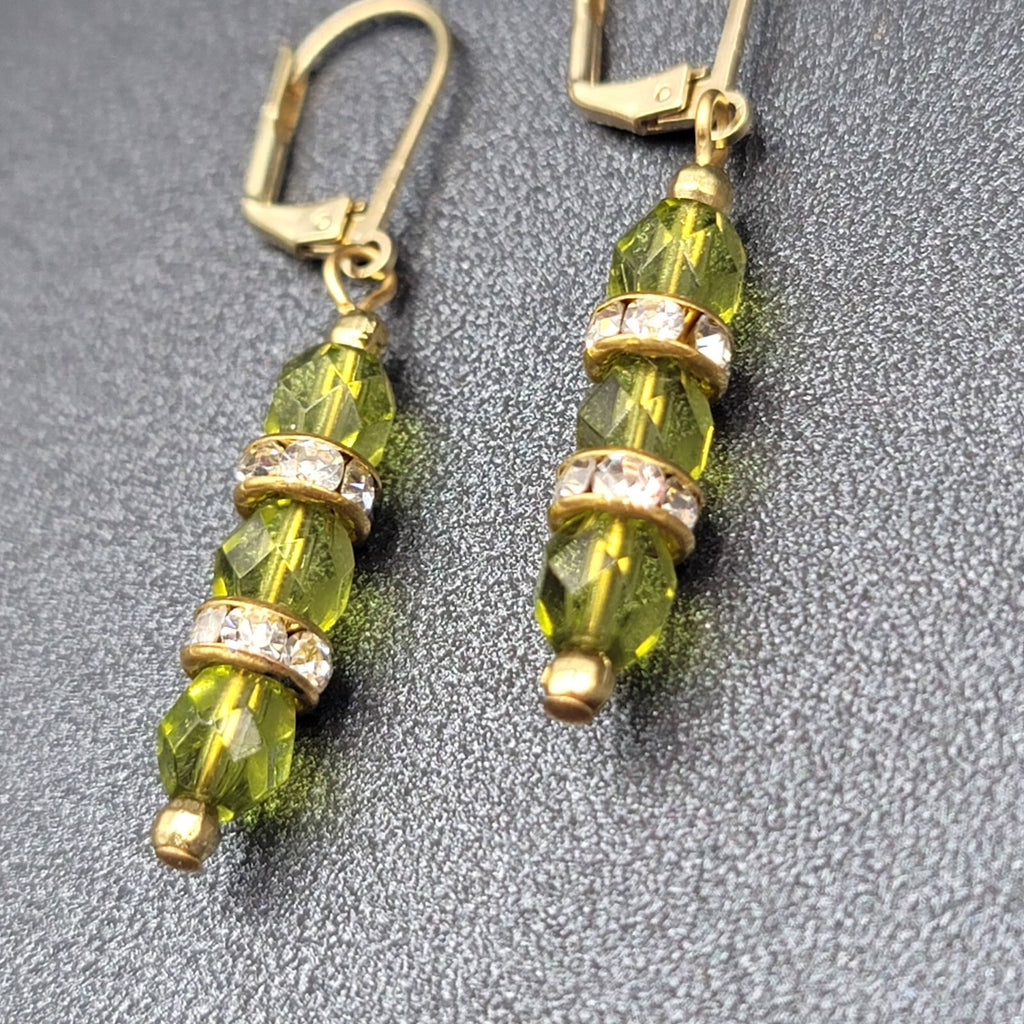 Pierced Earrings Green Faceted Bead Rhinestone Spacers Dangle 1.25"