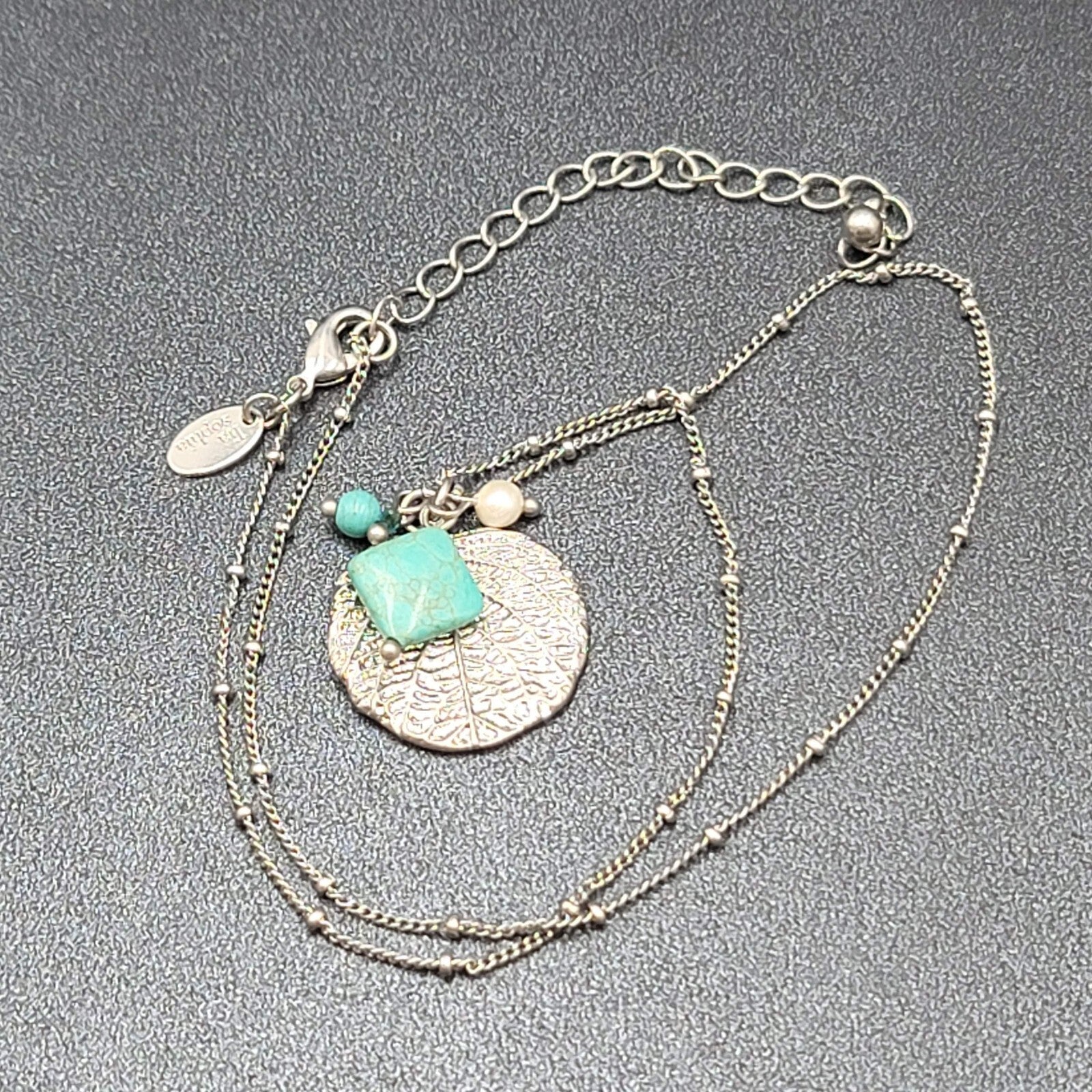 Lia Sophia Necklace Silver tone Leaf Pendant Dyed Blue Howlite Stone 16"-18"