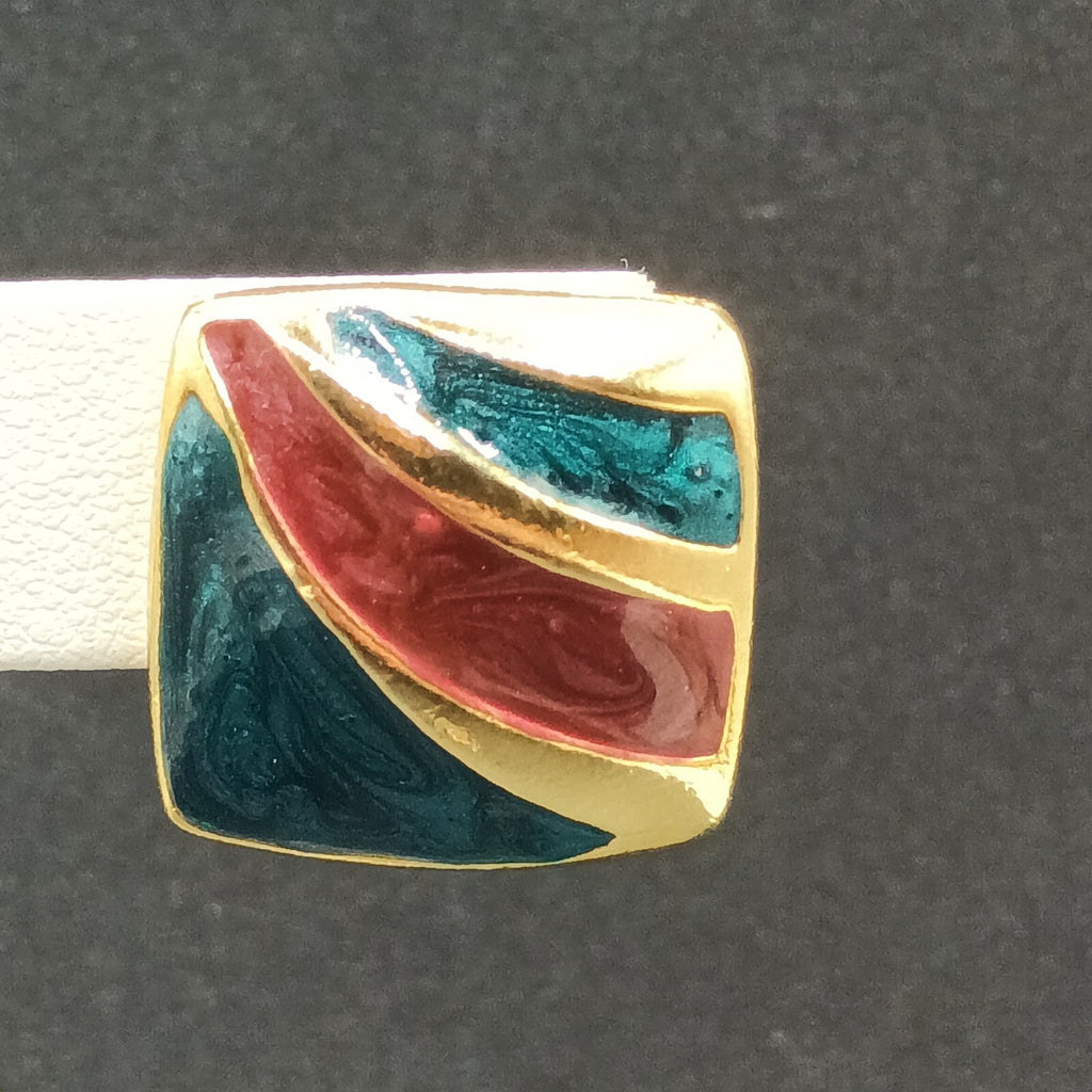 Vintage Pierced Earrings Gold plated Green Purple Enamel Geometric Drop 7/8"