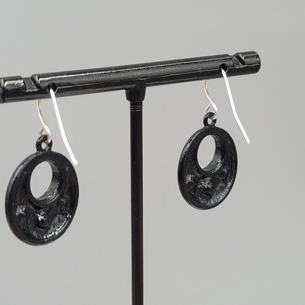 Pierced Earrings Black Enamel AB Rhinestone Silver tone Dangle 7/8"
