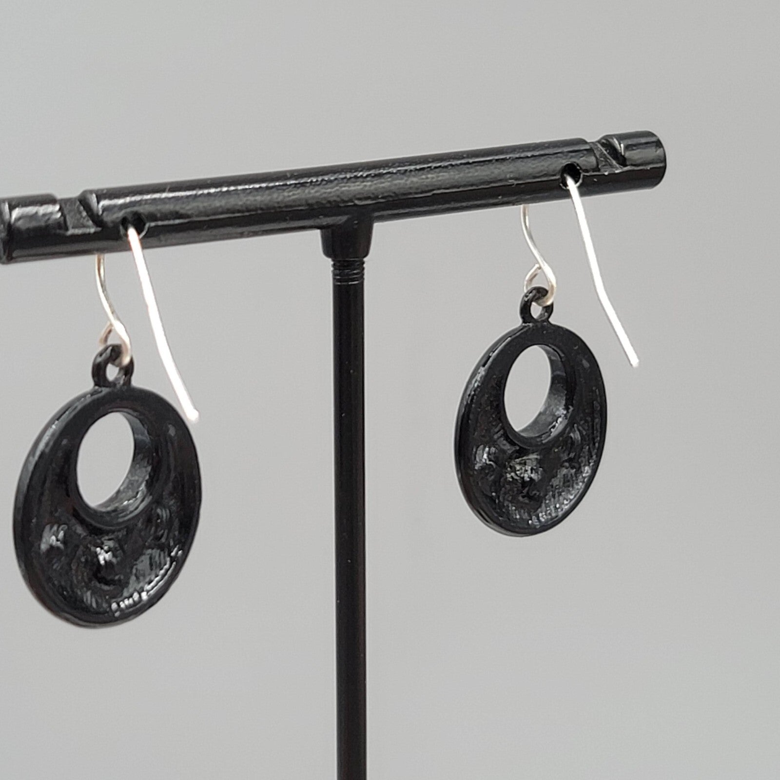 Pierced Earrings Black Enamel AB Rhinestone Silver tone Dangle 7/8"