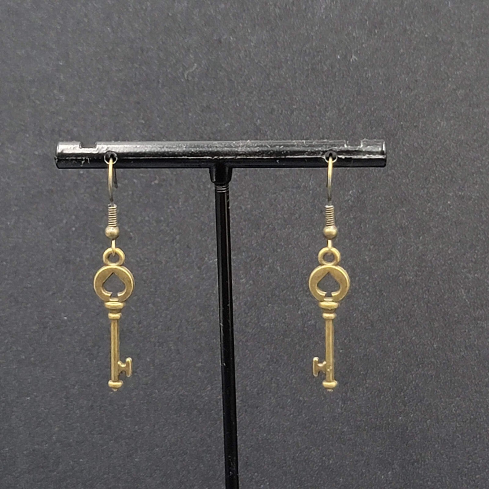 New Pierced Earrings Spade Skeleton Key Bronze tone Dangle 1 1/8"