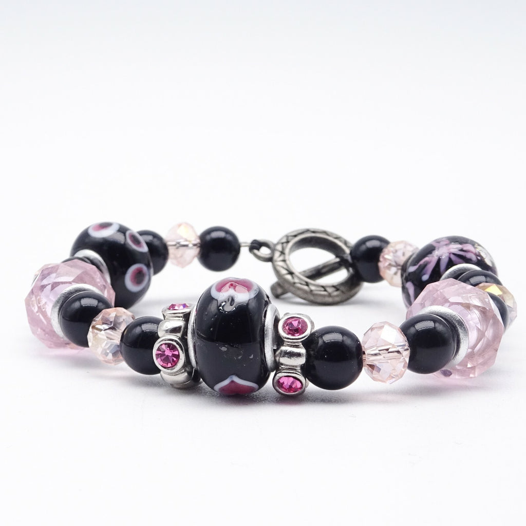 Pink Black Bead Slide Bracelet Silver tone Estate Costume 7.75"