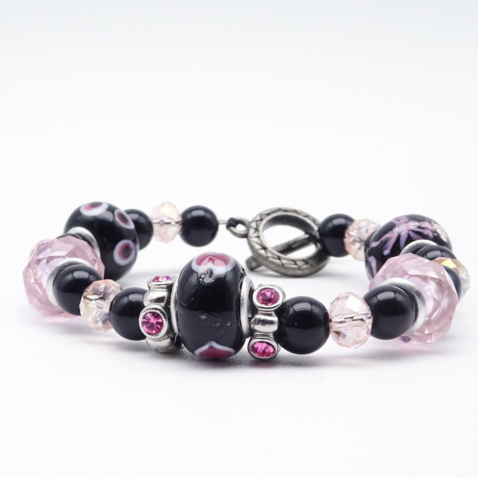 Pink Black Bead Slide Bracelet Silver tone Estate Costume 7.75"