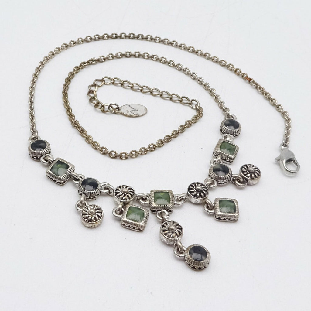 Necklace Silver tone Green Black Acrylic Dangle Signed Well Made 16" - 18”